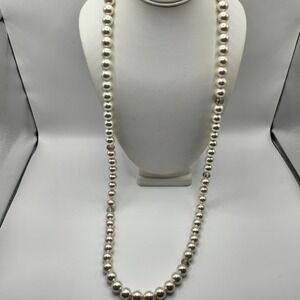 Vintage Faux Pearl Opera‎ Length Necklace with Crystal Accents Gold Tone Clasp